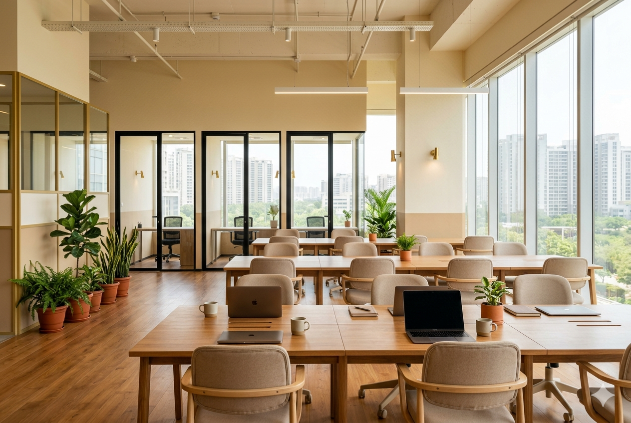 Premium commercial office floor with executive workstations and city view