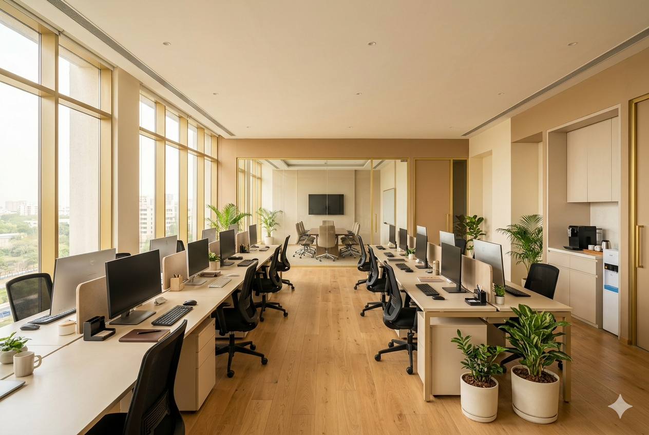 Bright coworking space with shared desks, plants, and natural light